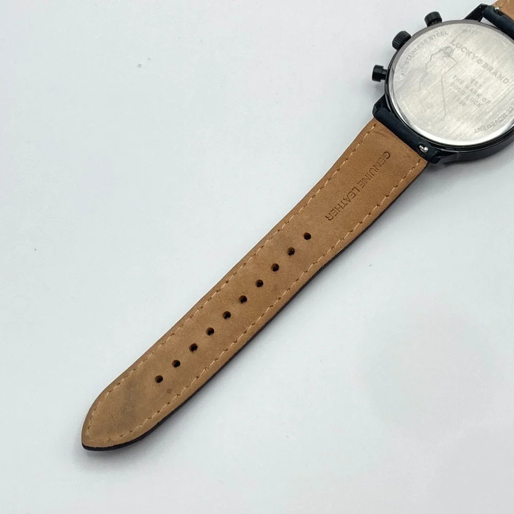 Lucky Brand Mens Watch Chronograph 35mm Black Orange Leather 50M New Battery 9